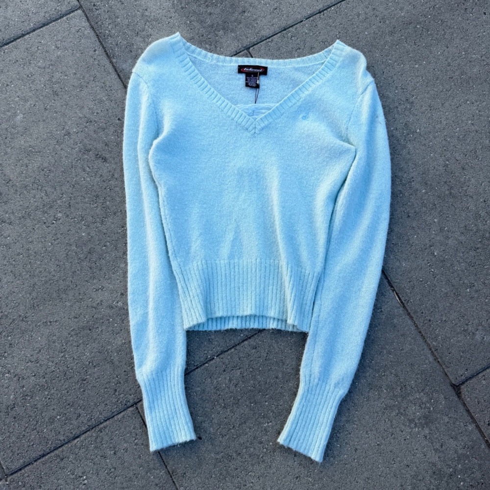 Takeout Vintage Y2K Baby Blue V-Neck Lace Trim Sweater Ribbed Cuffs Small
